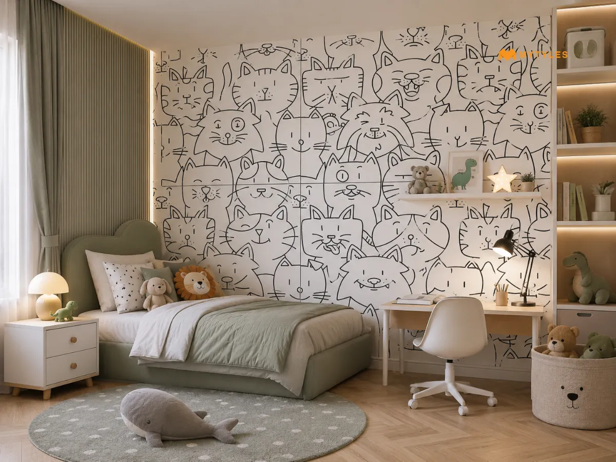Imported Vitrified White Oh My Cat Tiles in Kids Room